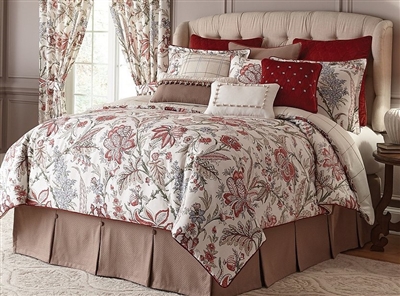 Izabelle - Add a touch of color to your bedroom with the rich look of Izabelle by Rose Tree. A beautiful Jacobean design in wine red and green with blue, taupe and grey accents on an ivory background.